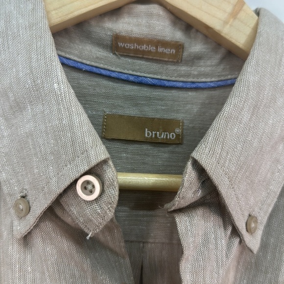 BRUNO Washable Linen Men’s Button up down Shirt Beige with Blue at Hem Sz M - Picture 5 of 5